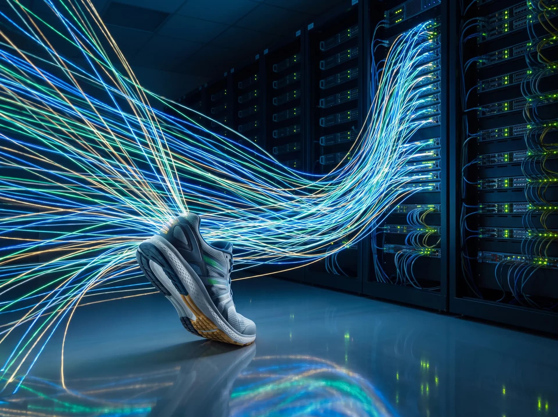 A running shoe on a data-center floor, glowing data trails streaming from it toward a wall of server racks