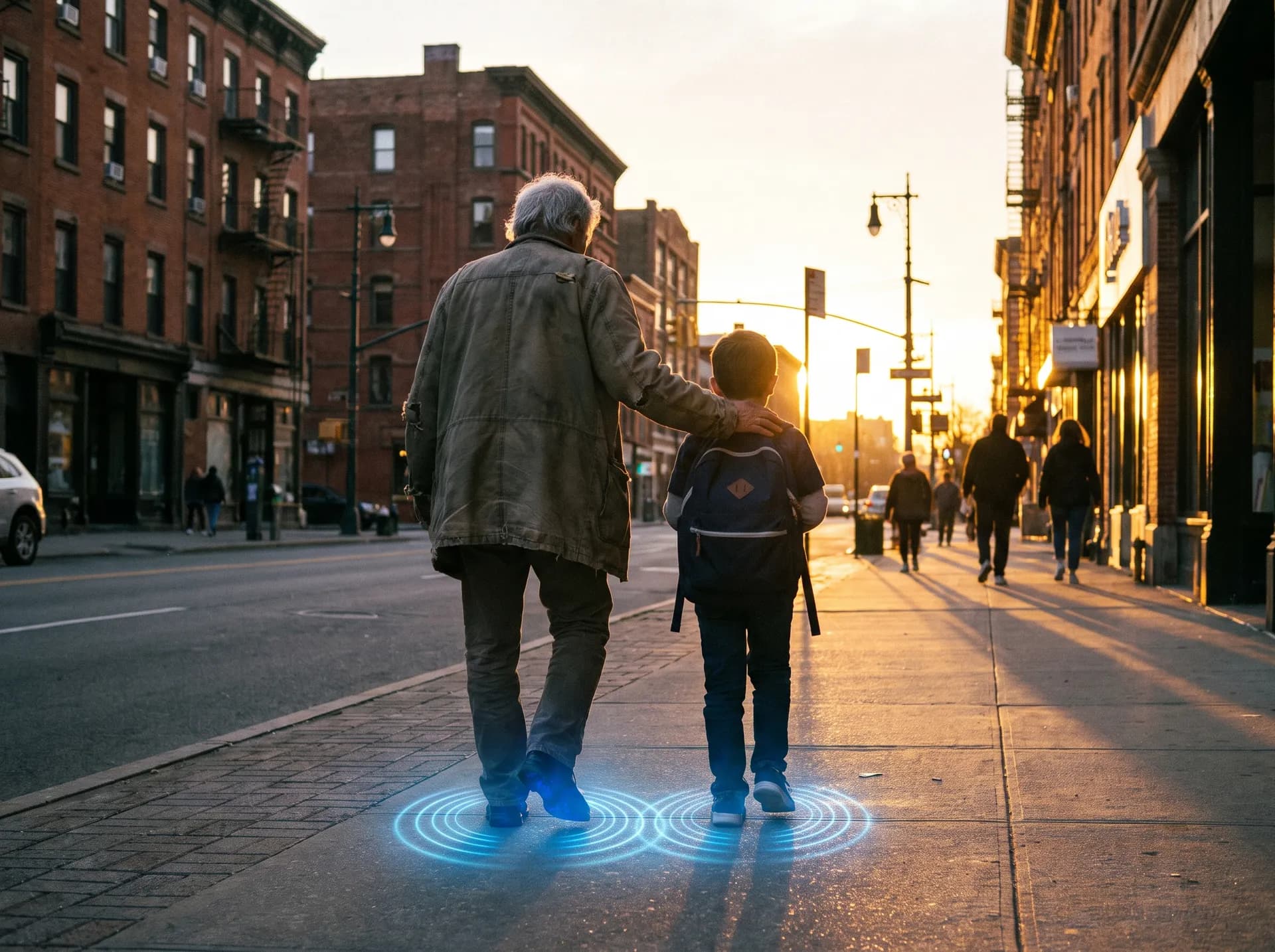 An older man and a boy walk down a city sidewalk at sunset, ordinary shoes, faint glowing rings marking each footstep.